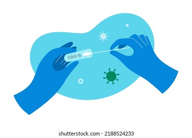 Holding a rapid covid test tube in hands with gloves, medical doctor holding testing kit for coronavirus, opening a jar with nasal cotton swab for collecting specimen, vector illustration