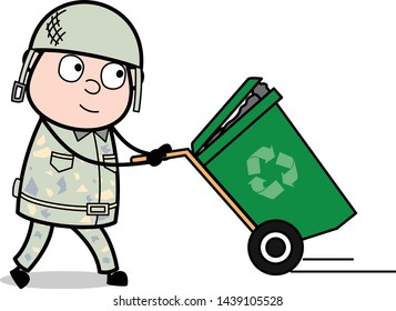 Holding a Recycle Bin - Cute Army Man Cartoon Soldier Vector Illustration