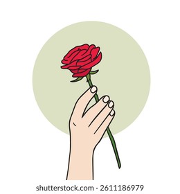 Holding a red rose with one hand. Illustration related to flowers.