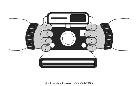 Holding retro instant camera cartoon human hands outline illustration. Vintage pictures taking 2D isolated black and white vector image. Using photocamera old flat monochromatic drawing clip art