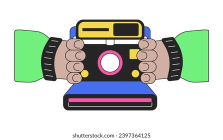 Holding retro instant camera linear cartoon character hands illustration. Vintage pictures taking outline 2D vector image, white background. Using photocamera old fashioned editable flat color clipart