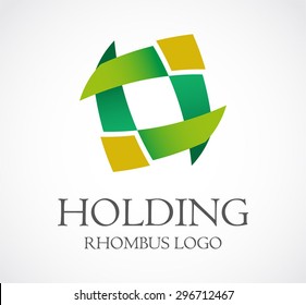 Holding rhombus link connect natural line ribbon abstract vector logo design template. Green business group icon. Company ecology unity community symbol concept.