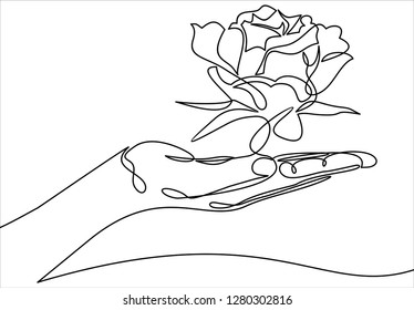 holding  rose flower in palm- continuous line vector drawing.