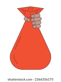 Holding rubbish bag flat line concept vector spot illustration. Waste. Cleaning 2D cartoon outline hand on white for web UI design. Editable isolated color hero image