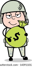 Holding a Sack of Money - Cute Army Man Cartoon Soldier Vector Illustration