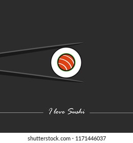 holding salmon sushi with chopsticks on a black background vector illustration EPS10
