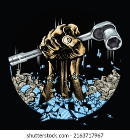 holding scaffold wrench isolated on black background for poster, t-shirt print, business element, social media content, blog, sticker, vlog, and card. vector illustration.