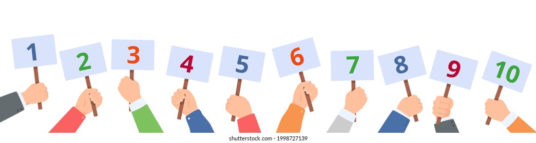 Holding score signs. Hands hold scorecards with numbers. Judges committee with scoring cards. Contest vote, feedback vector concept. People with banners for one to ten, competition evaluation