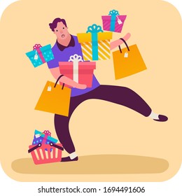 holding shopping bags vector, shopper, man, gift box, shopping bags, store basket, customer, shopping illustration.