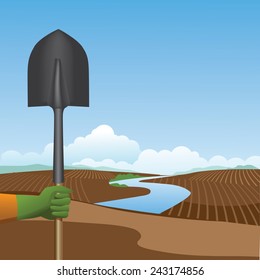 Holding a shovel before a tilled farm background EPS 10 vector stock illustration