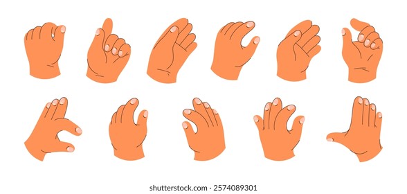 Holding an showing hand gesture of giant arm. Vector in flat style, isolated fingers, pose of wrist and palm. Displaying or pointing, cartoon personage body part set. Character detail collection