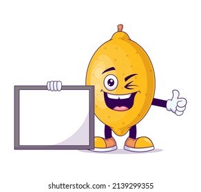 Holding sign board lemon cartoon mascot character vector illustration design