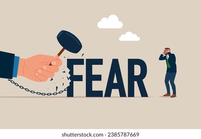 Holding sledgehammer hitting FEAR word. Overcoming fear concept. Vector illustration 