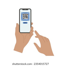 Holding smarphone scanning qr code vector. Smartphone in hand. Smartphone icon on white background illustration. Flat Icon Mobile Phone, Handphone. Cartoon hands hold smartphones with empty screens.