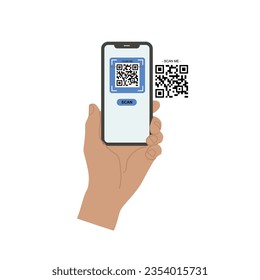 Portando el vector de código qr de exploración de smarphone. Smartphone en mano. Icono de Smartphone en ilustración de fondo blanco. Teléfono móvil con icono plano, teléfono. Las manos de los dibujos animados sostienen smartphones con pantallas vacías.