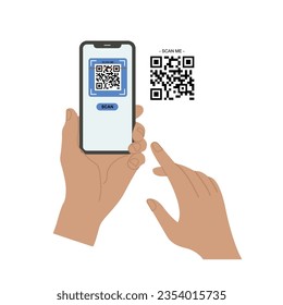 Holding smarphone scanning qr code vector. Smartphone in hand. Smartphone icon on white background illustration. Flat Icon Mobile Phone, Handphone. Cartoon hands hold smartphones with empty screens.