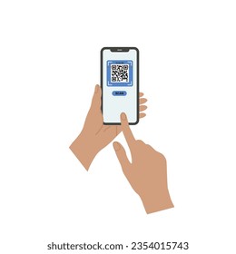 Portando el vector de código qr de exploración de smarphone. Smartphone en mano. Icono de Smartphone en ilustración de fondo blanco. Teléfono móvil con icono plano, teléfono. Las manos de los dibujos animados sostienen smartphones con pantallas vacías.