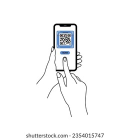 Portando el vector de código qr de exploración de smarphone. Smartphone en mano. Icono de Smartphone en ilustración de fondo blanco. Teléfono móvil con icono plano, teléfono. Las manos de los dibujos animados sostienen smartphones con pantallas vacías.