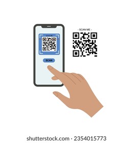 Holding smarphone scanning qr code vector. Smartphone in hand. Smartphone icon on white background illustration. Flat Icon Mobile Phone, Handphone. Cartoon hands hold smartphones with empty screens.