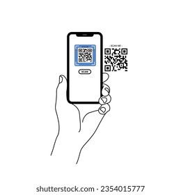 Portando el vector de código qr de exploración de smarphone. Smartphone en mano. Icono de Smartphone en ilustración de fondo blanco. Teléfono móvil con icono plano, teléfono. Las manos de los dibujos animados sostienen smartphones con pantallas vacías.