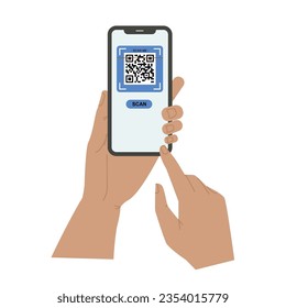 Holding smarphone scanning qr code vector. Smartphone in hand. Smartphone icon on white background illustration. Flat Icon Mobile Phone, Handphone. Cartoon hands hold smartphones with empty screens.