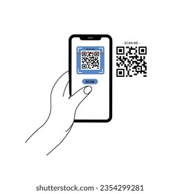 Portando el vector de código qr de exploración de smarphone. Smartphone en mano. Icono de Smartphone en ilustración de fondo blanco. Teléfono móvil con icono plano, teléfono. Las manos de los dibujos animados sostienen smartphones con pantallas vacías.