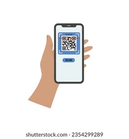 Portando el vector de código qr de exploración de smarphone. Smartphone en mano. Icono de Smartphone en ilustración de fondo blanco. Teléfono móvil con icono plano, teléfono. Las manos de los dibujos animados sostienen smartphones con pantallas vacías.
