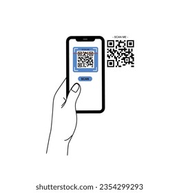 Portando el vector de código qr de exploración de smarphone. Smartphone en mano. Icono de Smartphone en ilustración de fondo blanco. Teléfono móvil con icono plano, teléfono. Las manos de los dibujos animados sostienen smartphones con pantallas vacías.