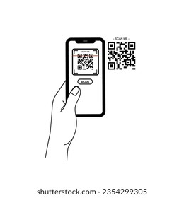 Portando el vector de código qr de exploración de smarphone. Smartphone en mano. Icono de Smartphone en ilustración de fondo blanco. Teléfono móvil con icono plano, teléfono. Las manos de los dibujos animados sostienen smartphones con pantallas vacías.