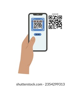 Holding smarphone scanning qr code vector. Smartphone in hand. Smartphone icon on white background illustration. Flat Icon Mobile Phone, Handphone. Cartoon hands hold smartphones with empty screens.