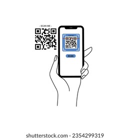 Holding smarphone scanning qr code vector. Smartphone in hand. Smartphone icon on white background illustration. Flat Icon Mobile Phone, Handphone. Cartoon hands hold smartphones with empty screens.