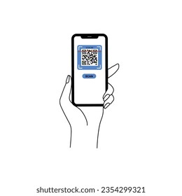 Portando el vector de código qr de exploración de smarphone. Smartphone en mano. Icono de Smartphone en ilustración de fondo blanco. Teléfono móvil con icono plano, teléfono. Las manos de los dibujos animados sostienen smartphones con pantallas vacías.