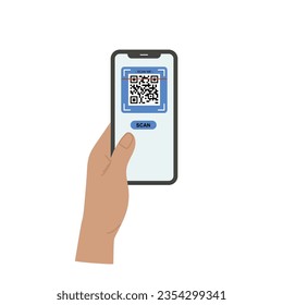 Portando el vector de código qr de exploración de smarphone. Smartphone en mano. Icono de Smartphone en ilustración de fondo blanco. Teléfono móvil con icono plano, teléfono. Las manos de los dibujos animados sostienen smartphones con pantallas vacías.