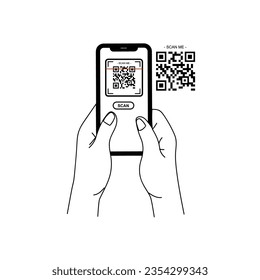 Portando el vector de código qr de exploración de smarphone. Smartphone en mano. Icono de Smartphone en ilustración de fondo blanco. Teléfono móvil con icono plano, teléfono. Las manos de los dibujos animados sostienen smartphones con pantallas vacías.