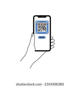 Holding smarphone scanning qr code vector. Smartphone in hand. Smartphone icon on white background illustration. Flat Icon Mobile Phone, Handphone. Cartoon hands hold smartphones with empty screens.