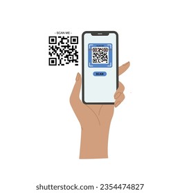 Portando el vector de código qr de exploración de smarphone. Smartphone en mano. Icono de Smartphone en ilustración de fondo blanco. Pago de código Qr. Manos con smartphones con pantallas vacías.