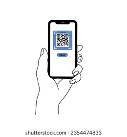 Holding smarphone scanning qr code vector. Smartphone in hand. Smartphone icon on white background illustration. Qr code payment. Hands holding smartphones with empty screens.