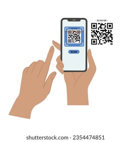 Holding smarphone scanning qr code vector. Smartphone in hand. Smartphone icon on white background illustration. Qr code payment. Hands holding smartphones with empty screens.