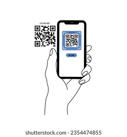 Holding smarphone scanning qr code vector. Smartphone in hand. Smartphone icon on white background illustration. Qr code payment. Hands holding smartphones with empty screens.