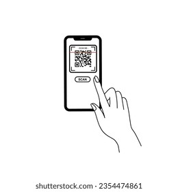 Portando el vector de código qr de exploración de smarphone. Smartphone en mano. Icono de Smartphone en ilustración de fondo blanco. Pago de código Qr. Manos con smartphones con pantallas vacías.