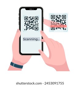 Holding smarphone scanning qr code vector. Smartphone in hand. Smartphone icon on white background illustration. Flat Icon Mobile Phone, Handphone. Cartoon hands hold smartphones with empty screens.