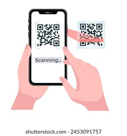 Holding smarphone scanning qr code vector. Smartphone in hand. Smartphone icon on white background illustration. Flat Icon Mobile Phone, Handphone. Cartoon hands hold smartphones with empty screens.