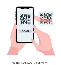 Sosteniendo el Vector de código QR de escaneo de smartphone. Teléfono inteligente en la mano. Icono de teléfono inteligente en ilustración de fondo blanco. Teléfono móvil, teléfono móvil. Las manos de dibujos animados sostienen los teléfonos inteligentes con pantallas vacías.