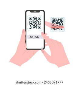 Holding smarphone scanning qr code vector. Smartphone in hand. Smartphone icon on white background illustration. Flat Icon Mobile Phone, Handphone. Cartoon hands hold smartphones with empty screens.