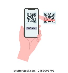 Holding smarphone scanning qr code vector. Smartphone in hand. Smartphone icon on white background illustration. Flat Icon Mobile Phone, Handphone. Cartoon hands hold smartphones with empty screens.