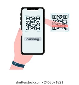 Holding smarphone scanning qr code vector. Smartphone in hand. Smartphone icon on white background illustration. Flat Icon Mobile Phone, Handphone. Cartoon hands hold smartphones with empty screens.