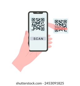 Sosteniendo el Vector de código QR de escaneo de smartphone. Teléfono inteligente en la mano. Icono de teléfono inteligente en ilustración de fondo blanco. Teléfono móvil, teléfono móvil. Las manos de dibujos animados sostienen los teléfonos inteligentes con pantallas vacías.