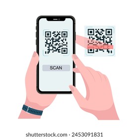 Holding smarphone scanning qr code vector. Smartphone in hand. Smartphone icon on white background illustration. Flat Icon Mobile Phone, Handphone. Cartoon hands hold smartphones with empty screens.