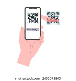 Sosteniendo el Vector de código QR de escaneo de smartphone. Teléfono inteligente en la mano. Icono de teléfono inteligente en ilustración de fondo blanco. Teléfono móvil, teléfono móvil. Las manos de dibujos animados sostienen los teléfonos inteligentes con pantallas vacías.