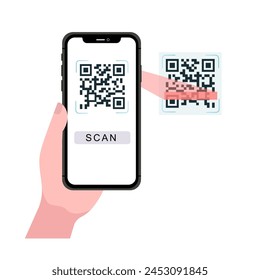 Holding smarphone scanning qr code vector. Smartphone in hand. Smartphone icon on white background illustration. Flat Icon Mobile Phone, Handphone. Cartoon hands hold smartphones with empty screens.
